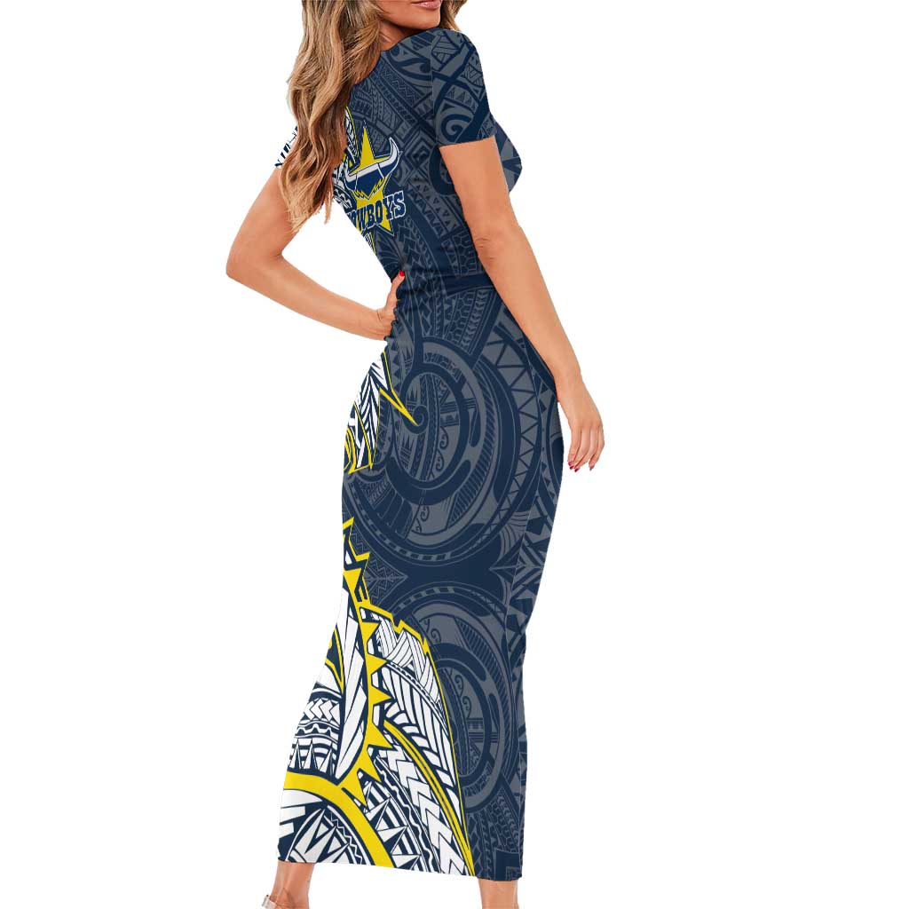 North Queensland Cowboys Family Matching Short Sleeve Bodycon Dress and Hawaiian Shirt Polynesian Tribal Tattoo Pacific Sport Art