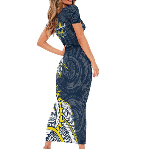North Queensland Cowboys Family Matching Short Sleeve Bodycon Dress and Hawaiian Shirt Polynesian Tribal Tattoo Pacific Sport Art