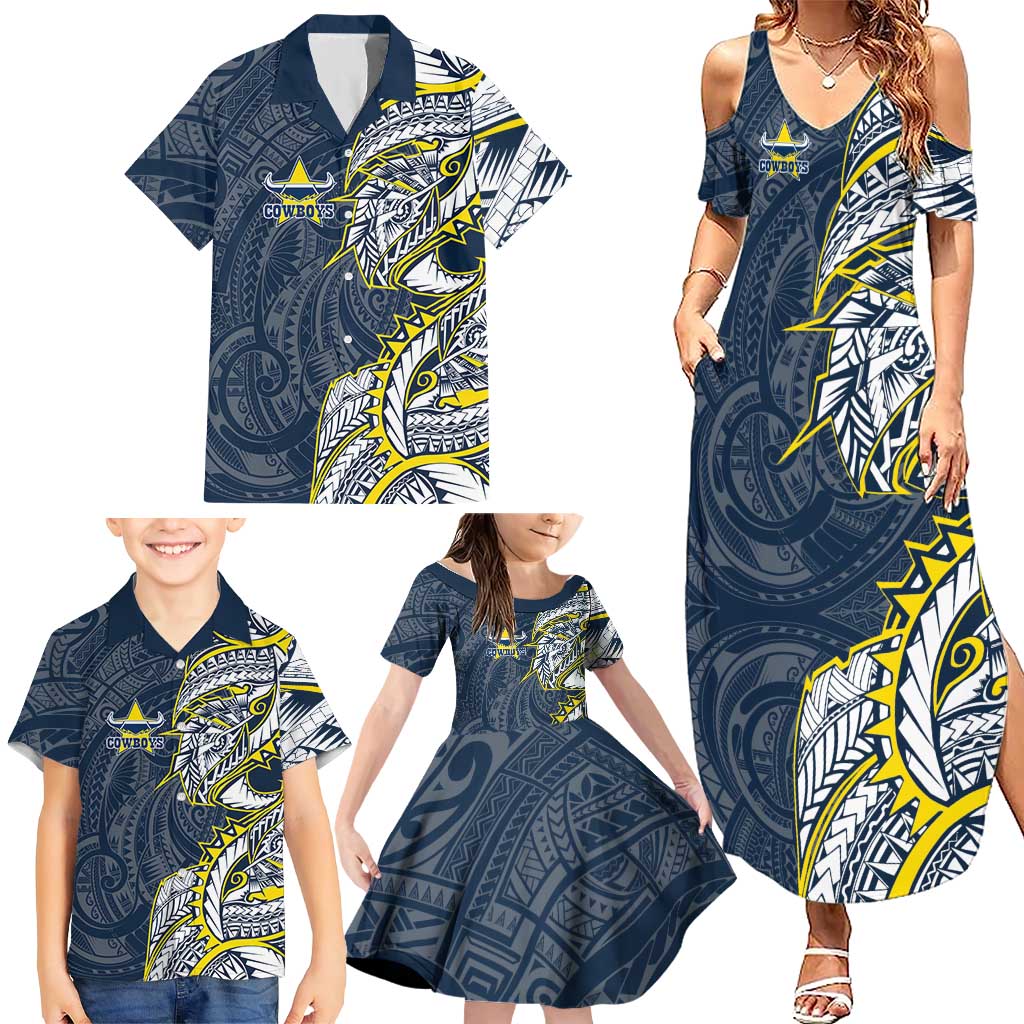 North Queensland Cowboys Family Matching Summer Maxi Dress and Hawaiian Shirt Polynesian Tribal Tattoo Pacific Sport Art