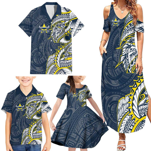 North Queensland Cowboys Family Matching Summer Maxi Dress and Hawaiian Shirt Polynesian Tribal Tattoo Pacific Sport Art
