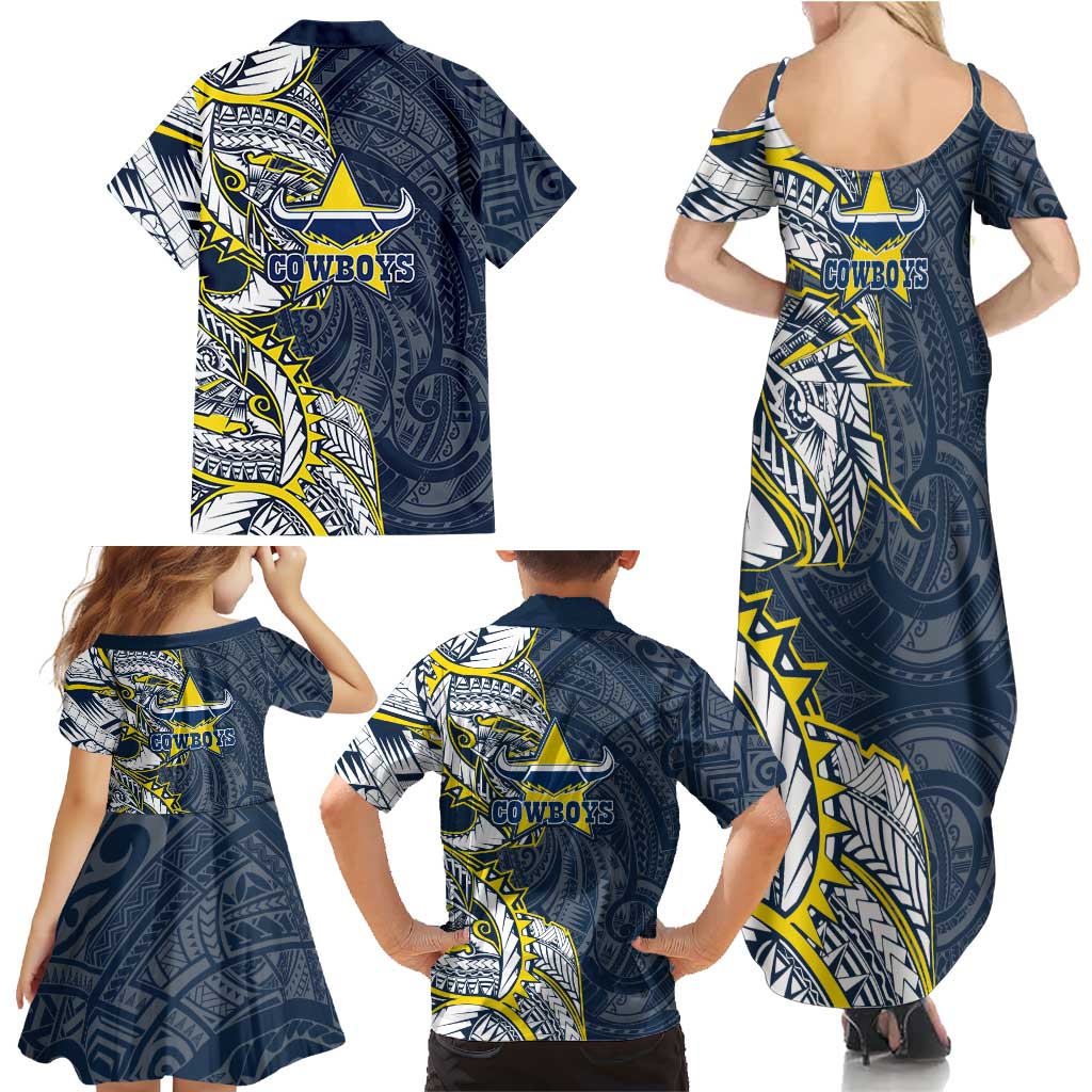 North Queensland Cowboys Family Matching Summer Maxi Dress and Hawaiian Shirt Polynesian Tribal Tattoo Pacific Sport Art