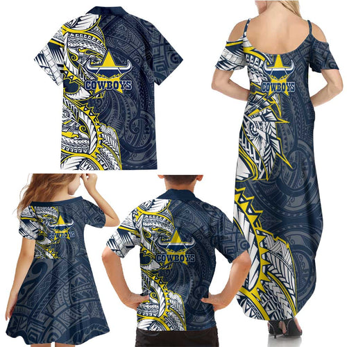 North Queensland Cowboys Family Matching Summer Maxi Dress and Hawaiian Shirt Polynesian Tribal Tattoo Pacific Sport Art