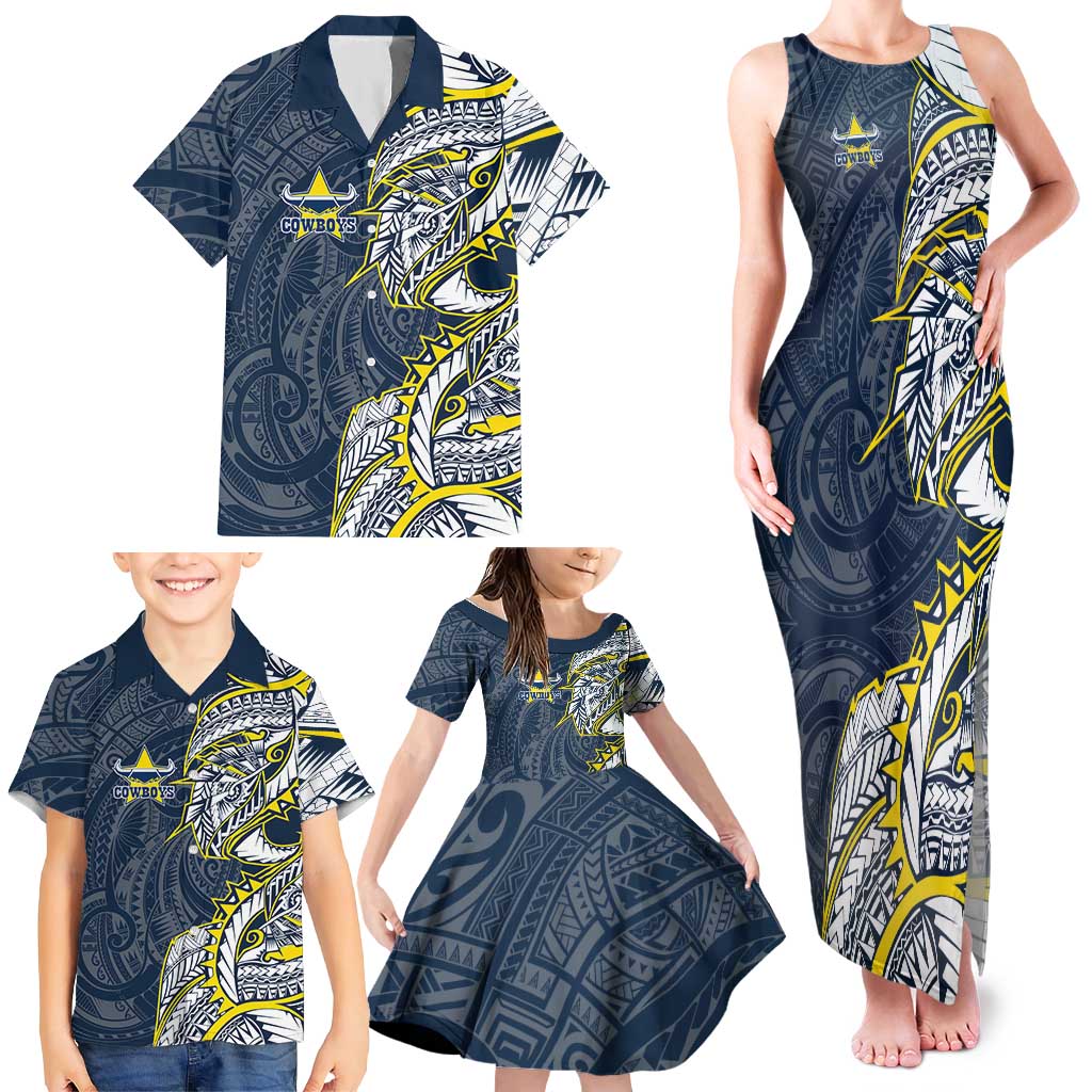 North Queensland Cowboys Family Matching Tank Maxi Dress and Hawaiian Shirt Polynesian Tribal Tattoo Pacific Sport Art