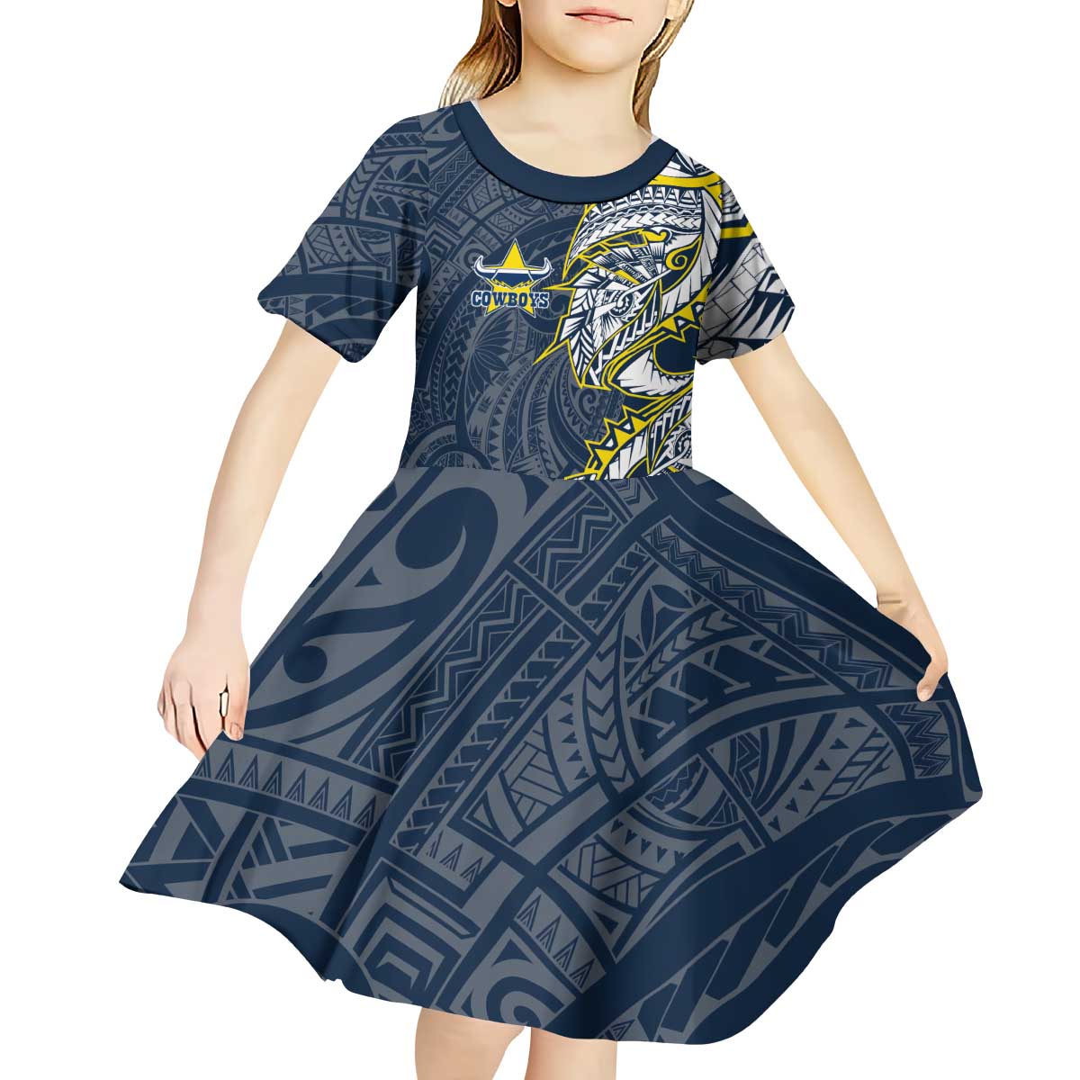 North Queensland Cowboys Kid Short Sleeve Dress Polynesian Tribal Tattoo Pacific Sport Art