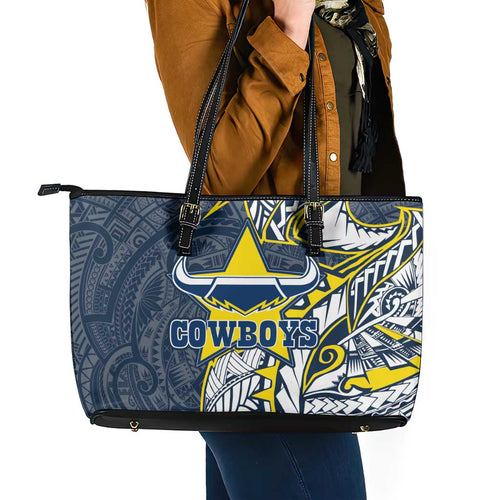North Queensland Cowboys Leather Tote Bag Polynesian Tribal Tattoo Pacific Sport Art