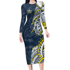 North Queensland Cowboys Long Sleeve Bodycon Dress Polynesian Tribal Tattoo Pacific Sport Art