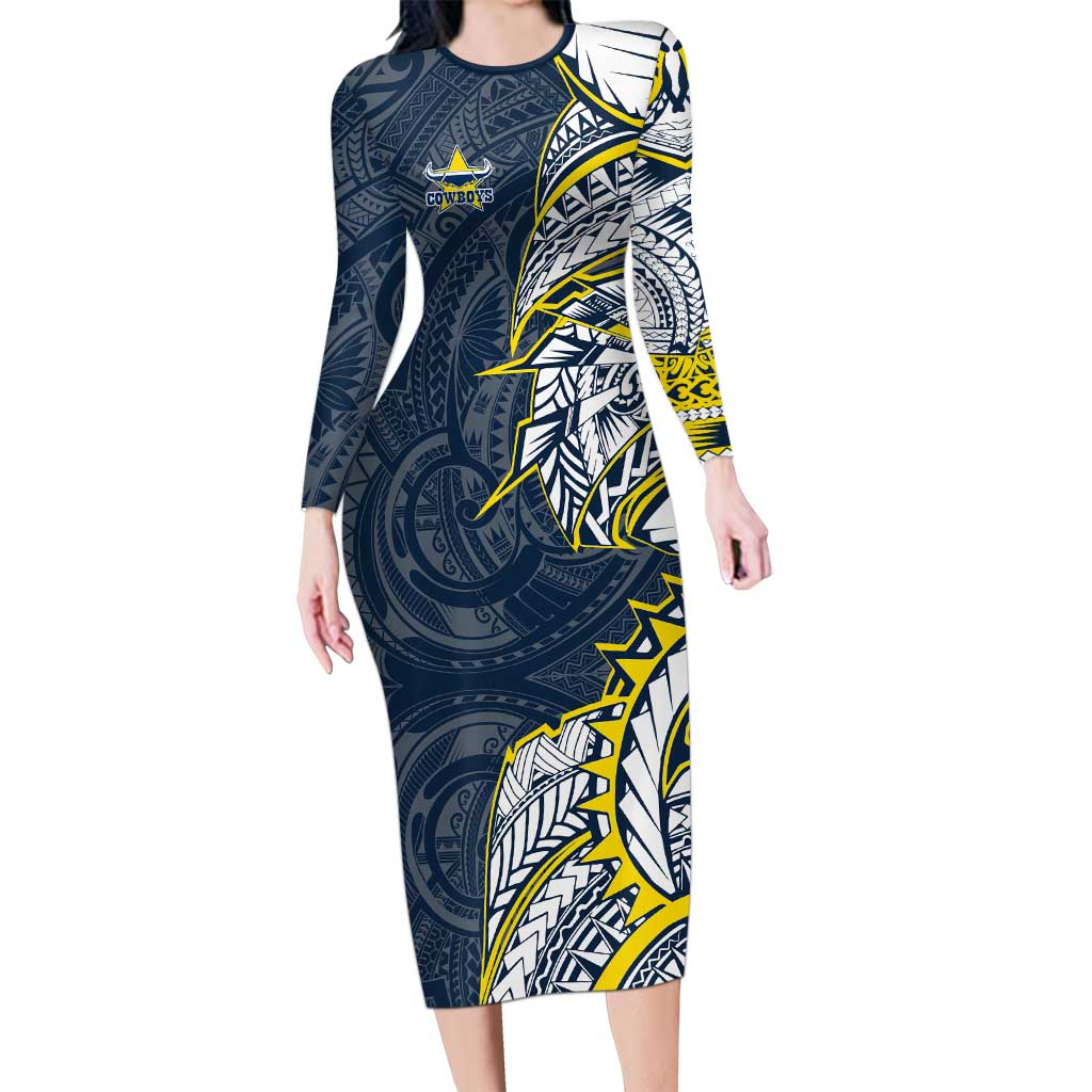 North Queensland Cowboys Long Sleeve Bodycon Dress Polynesian Tribal Tattoo Pacific Sport Art