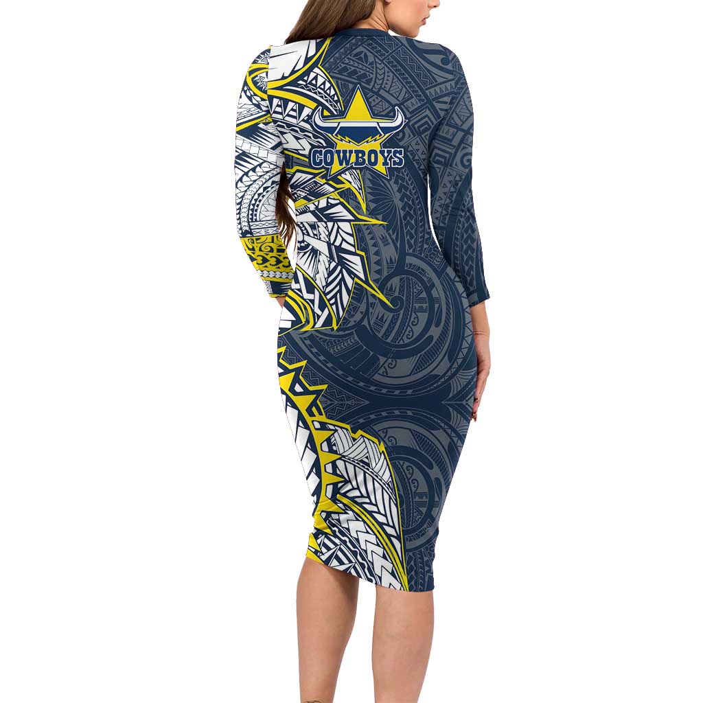 North Queensland Cowboys Long Sleeve Bodycon Dress Polynesian Tribal Tattoo Pacific Sport Art