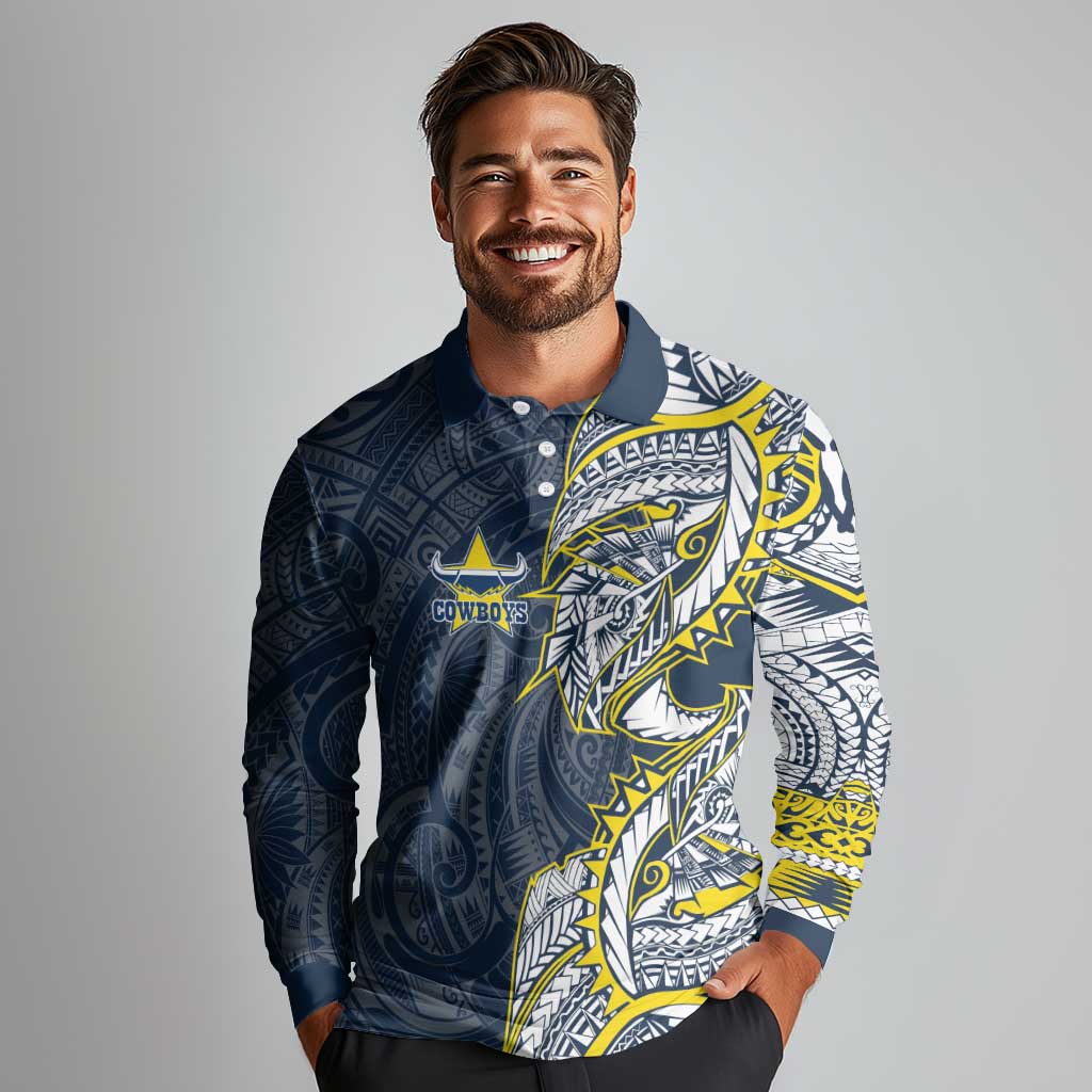 North Queensland Cowboys Long Sleeve Polo Shirt Polynesian Tribal Tattoo Pacific Sport Art
