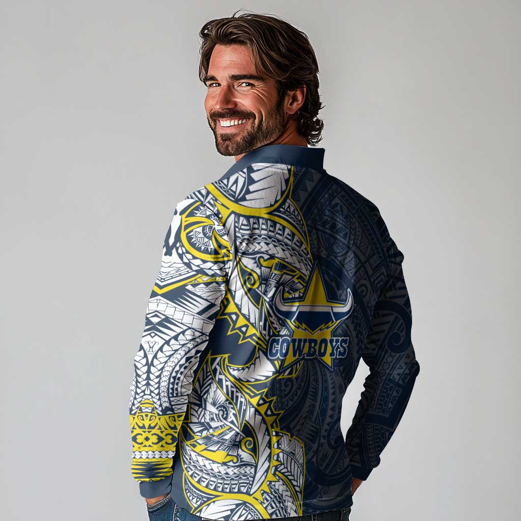 North Queensland Cowboys Long Sleeve Polo Shirt Polynesian Tribal Tattoo Pacific Sport Art