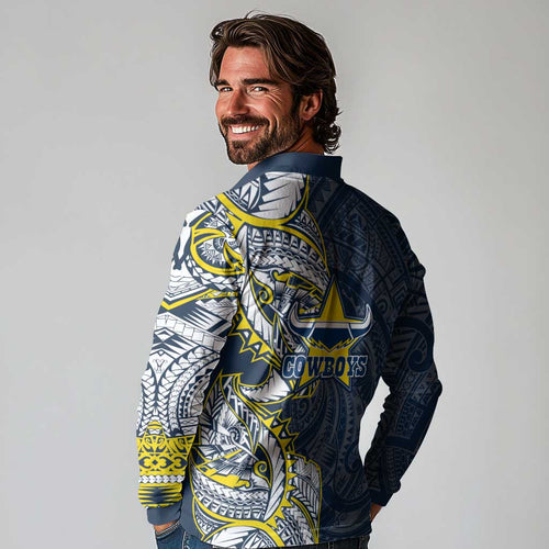 North Queensland Cowboys Long Sleeve Polo Shirt Polynesian Tribal Tattoo Pacific Sport Art