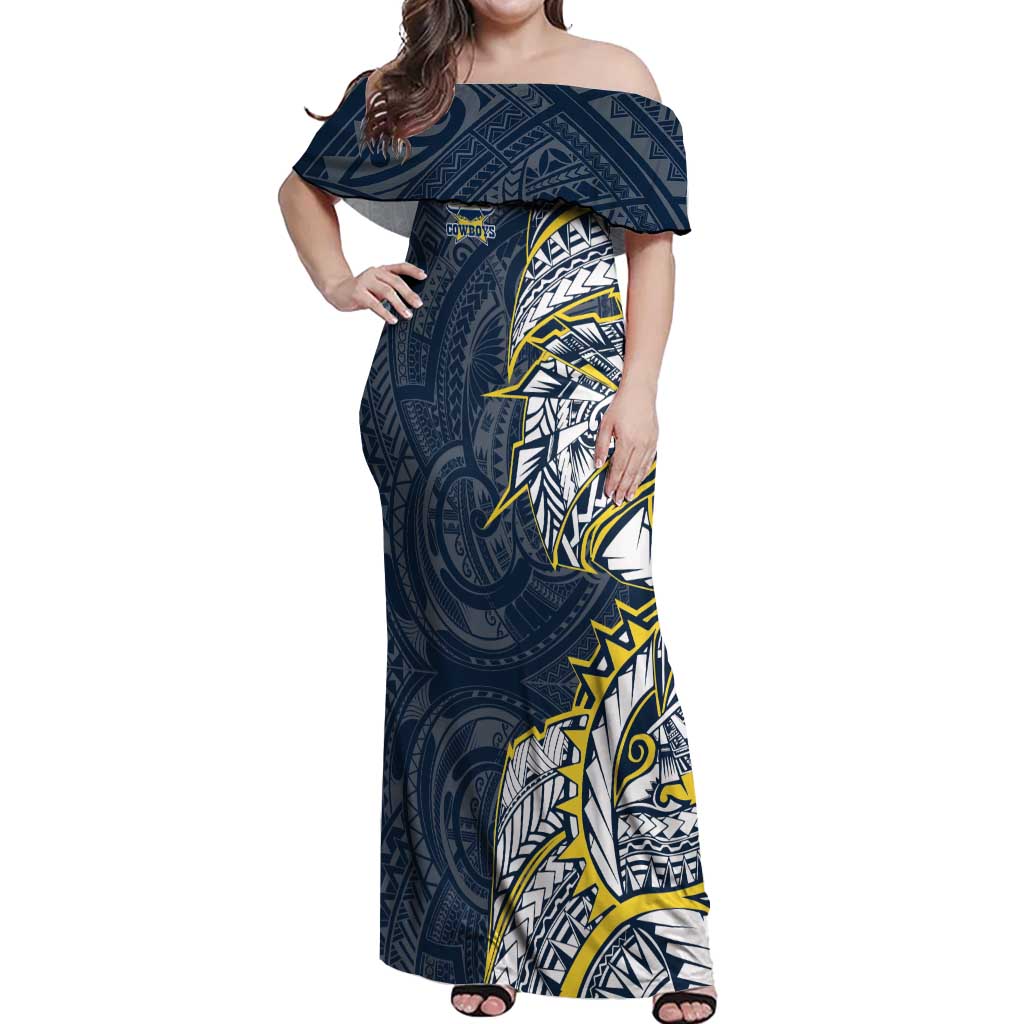 North Queensland Cowboys Off Shoulder Maxi Dress Polynesian Tribal Tattoo Pacific Sport Art