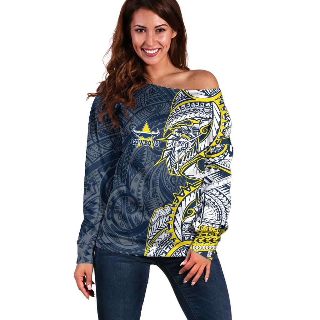 North Queensland Cowboys Off Shoulder Sweater Polynesian Tribal Tattoo Pacific Sport Art