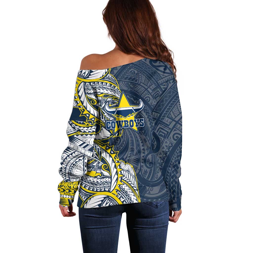 North Queensland Cowboys Off Shoulder Sweater Polynesian Tribal Tattoo Pacific Sport Art