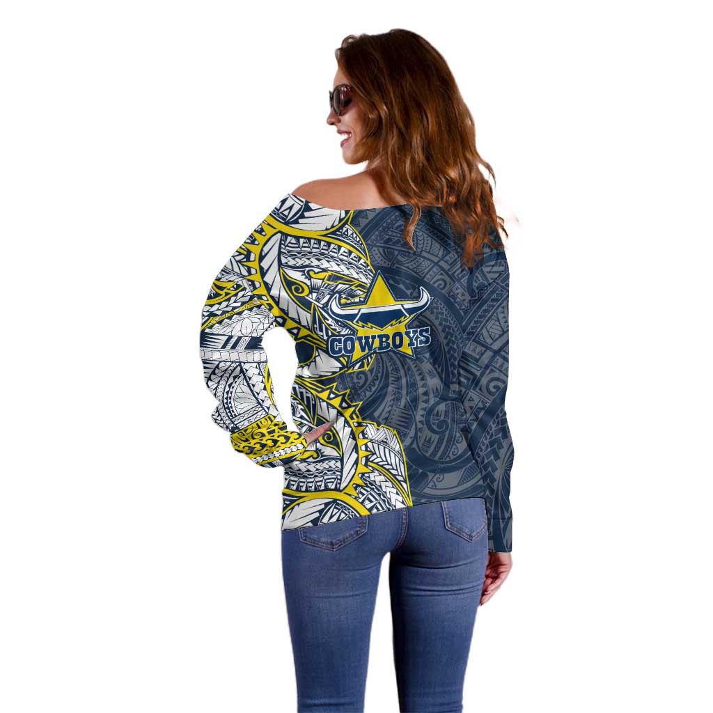 North Queensland Cowboys Off Shoulder Sweater Polynesian Tribal Tattoo Pacific Sport Art