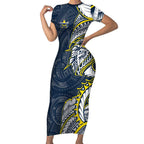 North Queensland Cowboys Short Sleeve Bodycon Dress Polynesian Tribal Tattoo Pacific Sport Art
