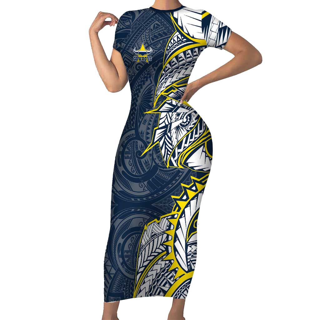 North Queensland Cowboys Short Sleeve Bodycon Dress Polynesian Tribal Tattoo Pacific Sport Art