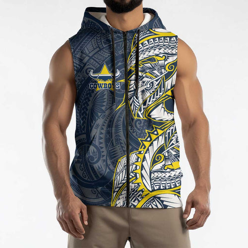 North Queensland Cowboys Sleeveless Zip Hoodie Polynesian Tribal Tattoo Pacific Sport Art