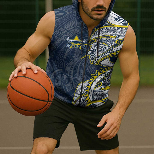 North Queensland Cowboys Sleeveless Zip Hoodie Polynesian Tribal Tattoo Pacific Sport Art