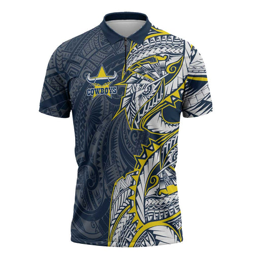 North Queensland Cowboys Zipper Polo Shirt Polynesian Tribal Tattoo Pacific Sport Art