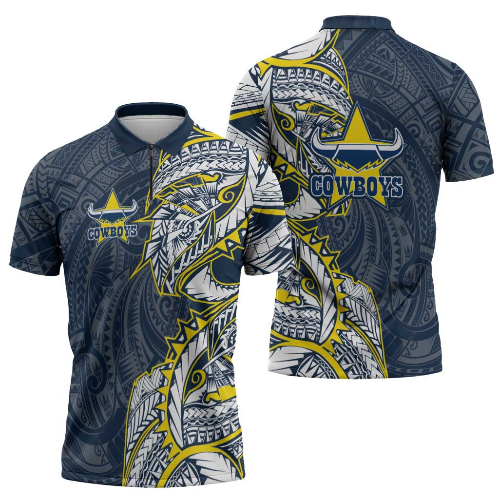 North Queensland Cowboys Zipper Polo Shirt Polynesian Tribal Tattoo Pacific Sport Art