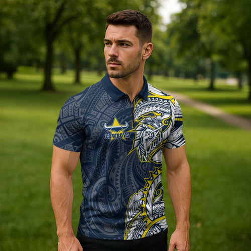North Queensland Cowboys Zipper Polo Shirt Polynesian Tribal Tattoo Pacific Sport Art