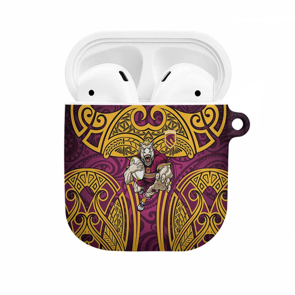 Brisbane Broncos Rugby AirPods Case Polynesian Tribal Pattern Warrior Horse Maroon Gold Pattern