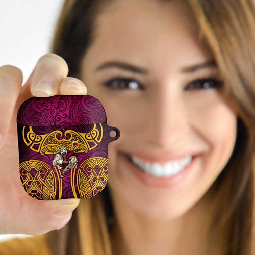Brisbane Broncos Rugby AirPods Case Polynesian Tribal Pattern Warrior Horse Maroon Gold Pattern