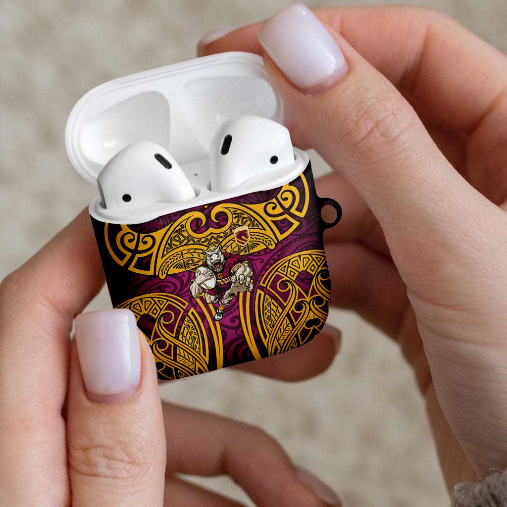 Brisbane Broncos Rugby AirPods Case Polynesian Tribal Pattern Warrior Horse Maroon Gold Pattern