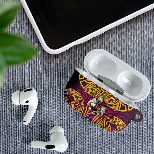 Brisbane Broncos Rugby AirPods Case Polynesian Tribal Pattern Warrior Horse Maroon Gold Pattern