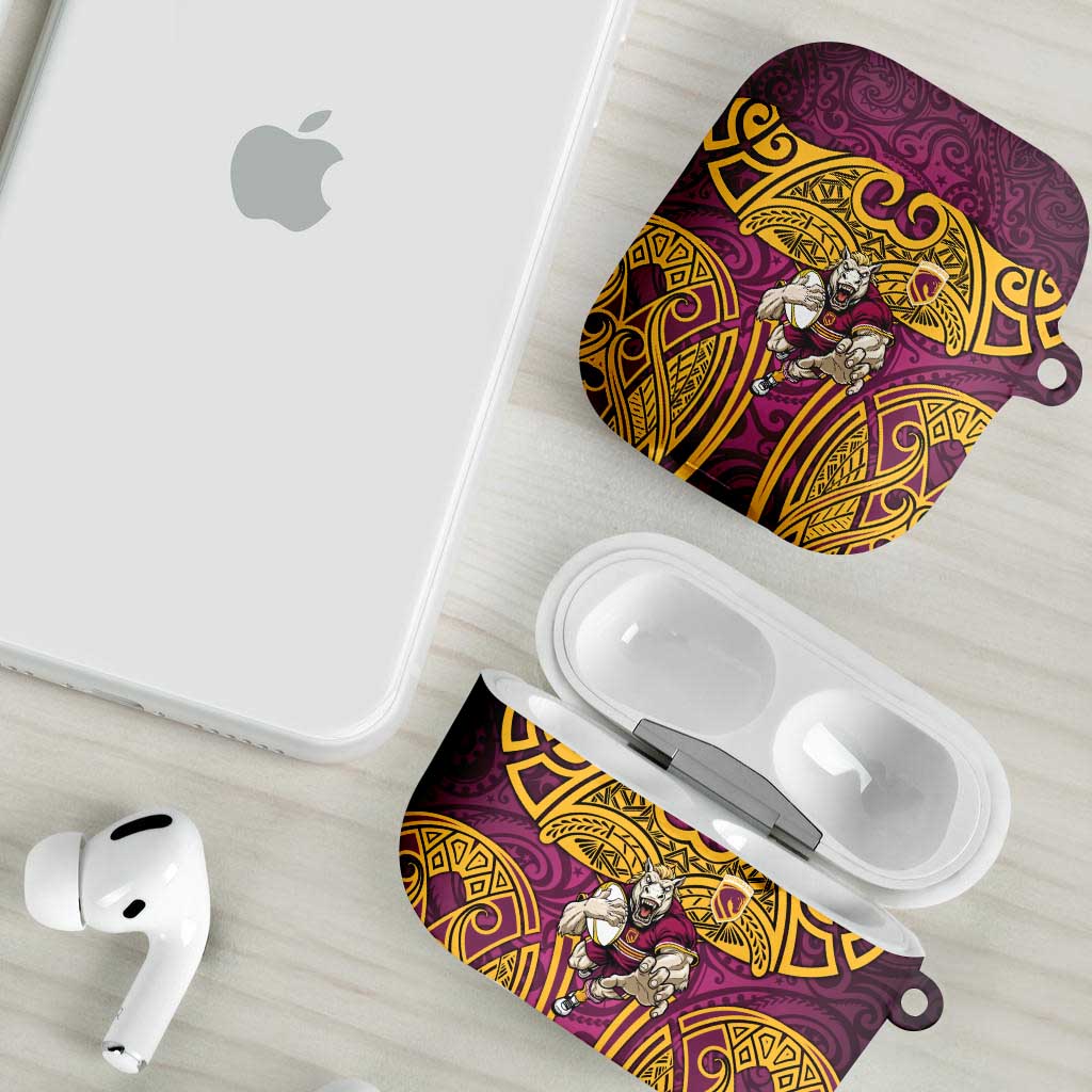 Brisbane Broncos Rugby AirPods Case Polynesian Tribal Pattern Warrior Horse Maroon Gold Pattern