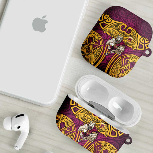 Brisbane Broncos Rugby AirPods Case Polynesian Tribal Pattern Warrior Horse Maroon Gold Pattern