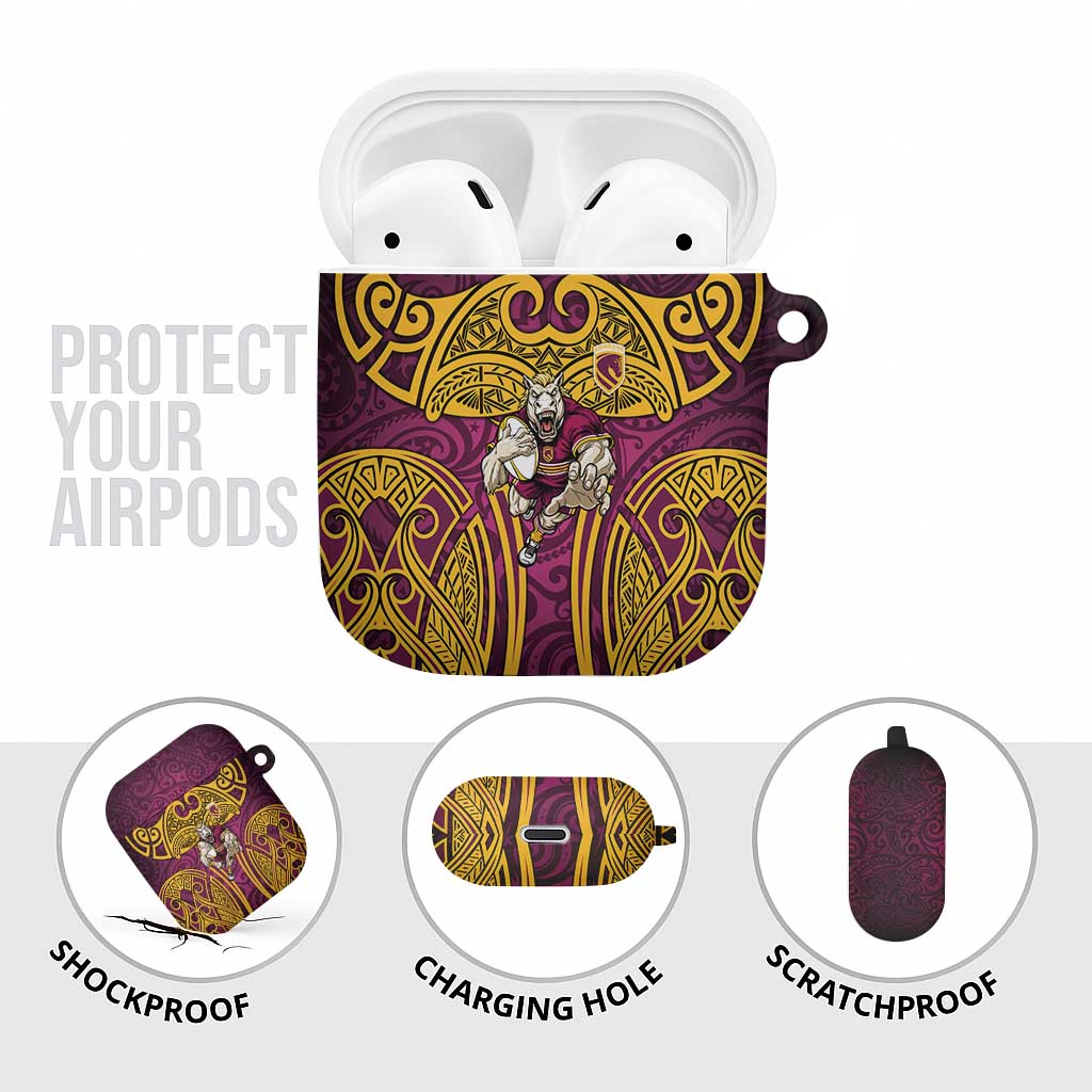 Brisbane Broncos Rugby AirPods Case Polynesian Tribal Pattern Warrior Horse Maroon Gold Pattern