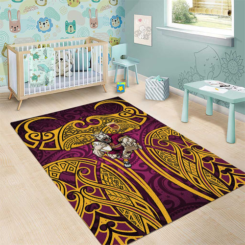 Brisbane Broncos Rugby Area Rug Polynesian Tribal Pattern Warrior Horse Maroon Gold Pattern