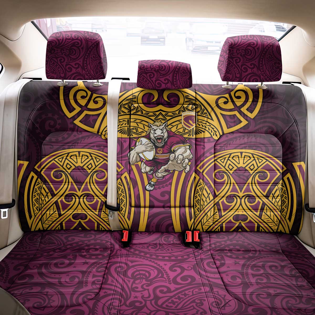 Brisbane Broncos Rugby Back Car Seat Cover Polynesian Tribal Pattern Warrior Horse Maroon Gold Pattern