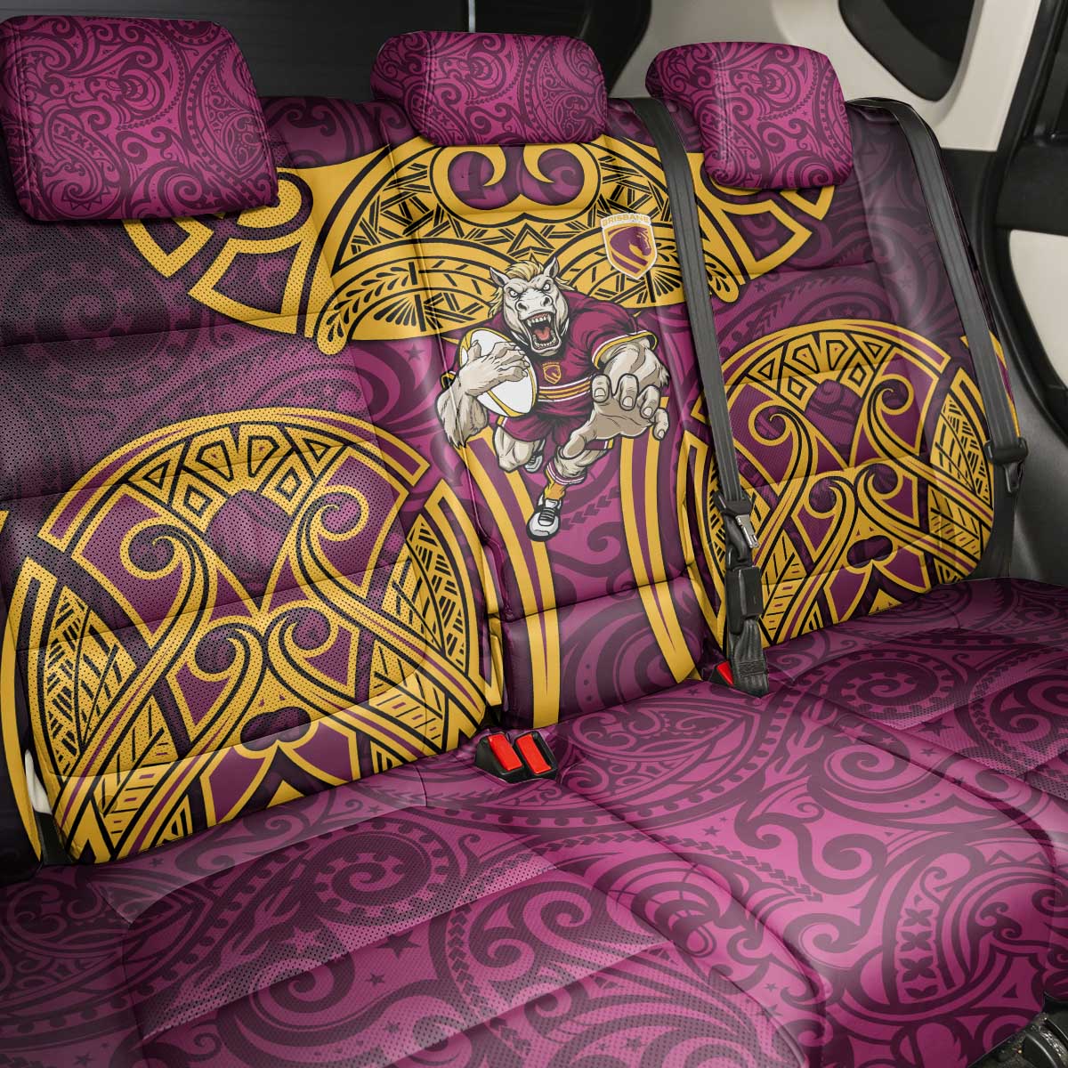 Brisbane Broncos Rugby Back Car Seat Cover Polynesian Tribal Pattern Warrior Horse Maroon Gold Pattern