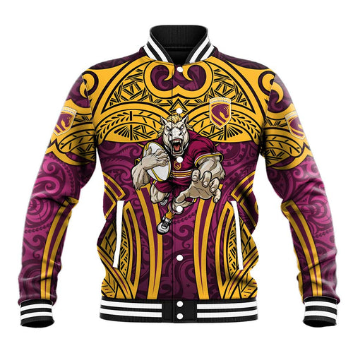 Brisbane Broncos Rugby Baseball Jacket Polynesian Tribal Pattern Warrior Horse Maroon Gold Pattern