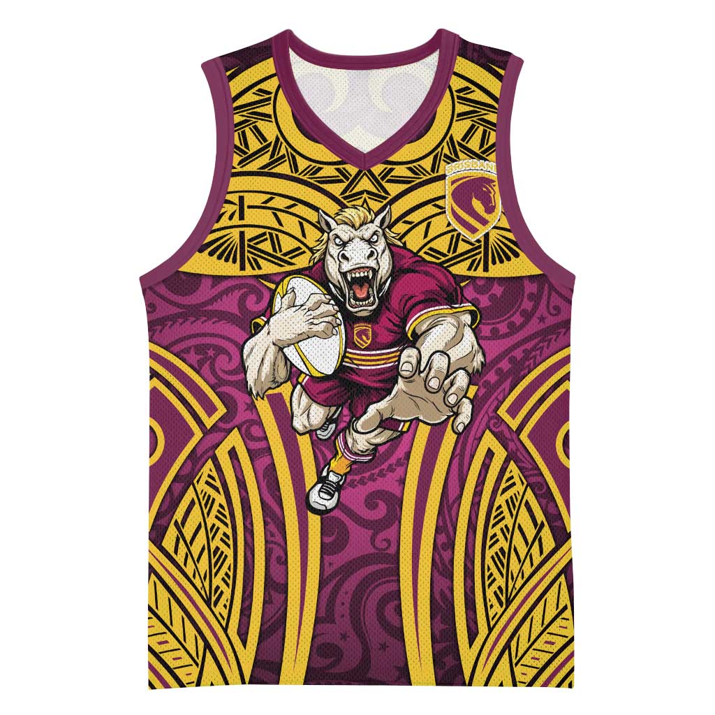 Brisbane Broncos Rugby Basketball Jersey Polynesian Tribal Pattern Warrior Horse Maroon Gold Pattern