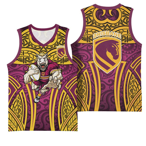 Brisbane Broncos Rugby Basketball Jersey Polynesian Tribal Pattern Warrior Horse Maroon Gold Pattern
