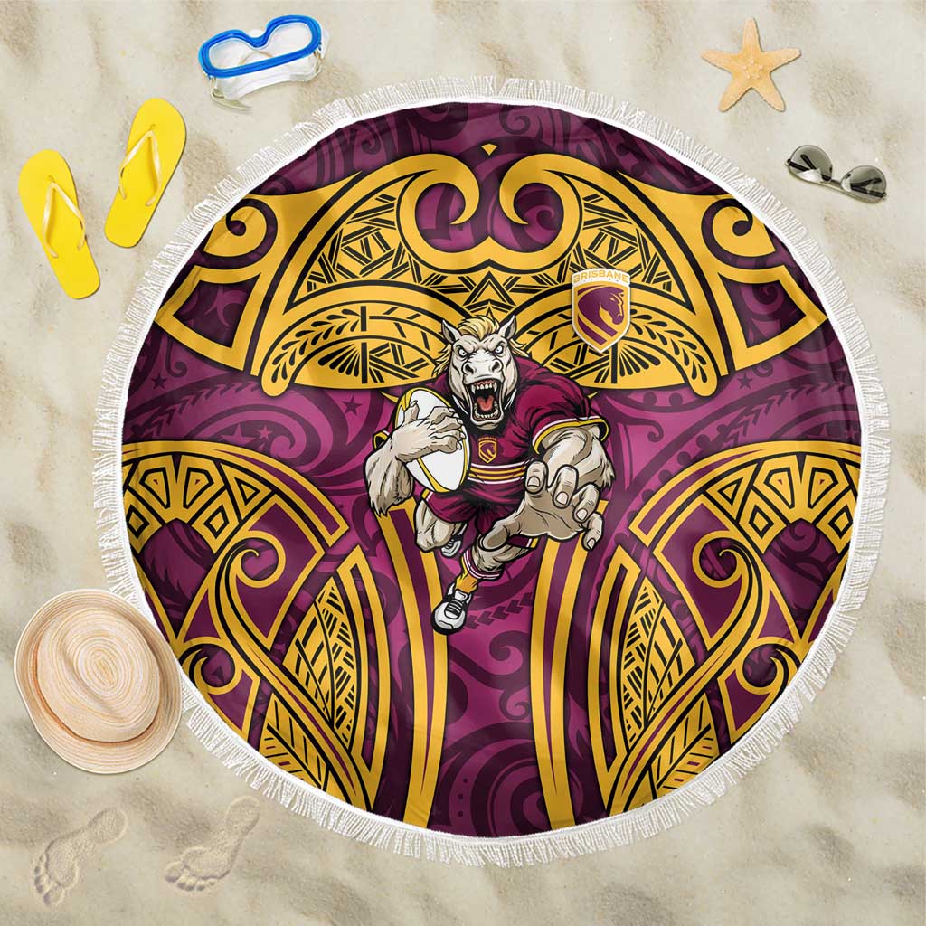 Brisbane Broncos Rugby Beach Blanket Polynesian Tribal Pattern Warrior Horse Maroon Gold Pattern