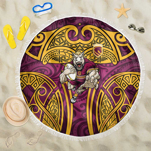 Brisbane Broncos Rugby Beach Blanket Polynesian Tribal Pattern Warrior Horse Maroon Gold Pattern