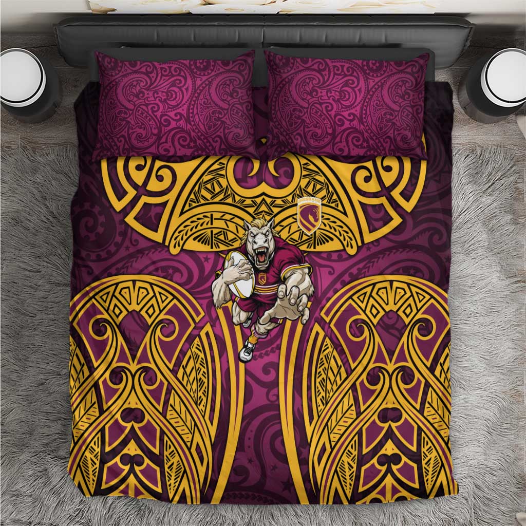 Brisbane Broncos Rugby Bedding Set Polynesian Tribal Pattern Warrior Horse Maroon Gold Pattern