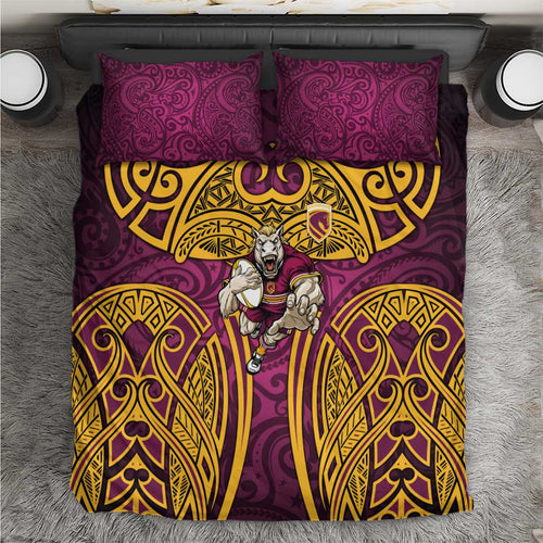 Brisbane Broncos Rugby Bedding Set Polynesian Tribal Pattern Warrior Horse Maroon Gold Pattern
