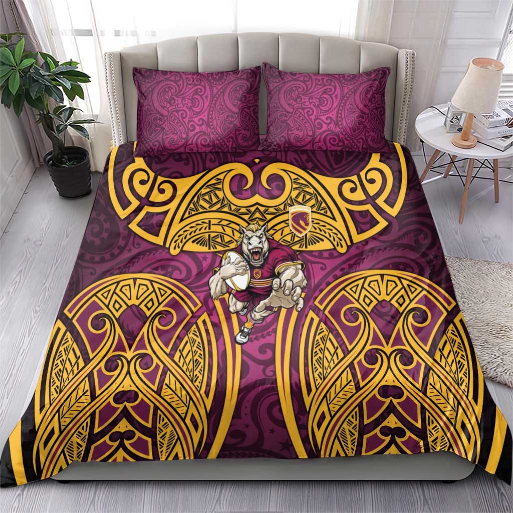Brisbane Broncos Rugby Bedding Set Polynesian Tribal Pattern Warrior Horse Maroon Gold Pattern
