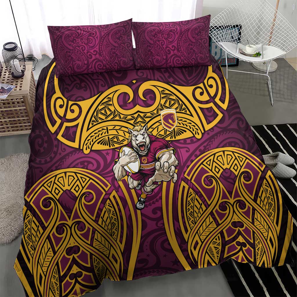 Brisbane Broncos Rugby Bedding Set Polynesian Tribal Pattern Warrior Horse Maroon Gold Pattern