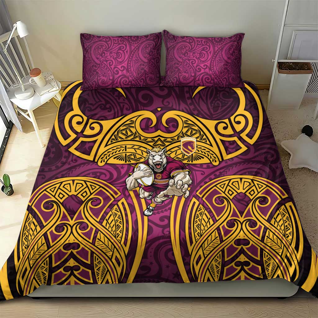 Brisbane Broncos Rugby Bedding Set Polynesian Tribal Pattern Warrior Horse Maroon Gold Pattern