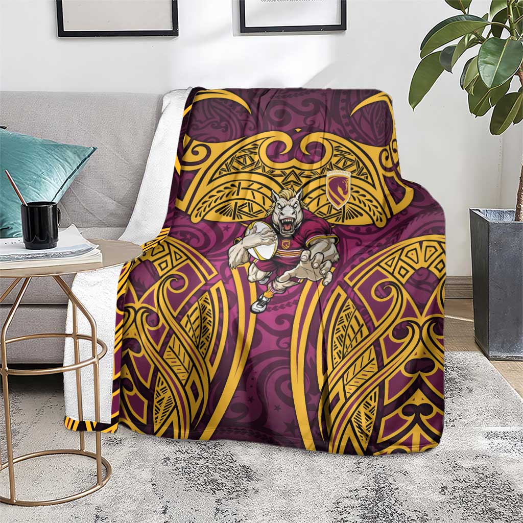 Brisbane Broncos Rugby Blanket Polynesian Tribal Pattern Warrior Horse Maroon Gold Pattern