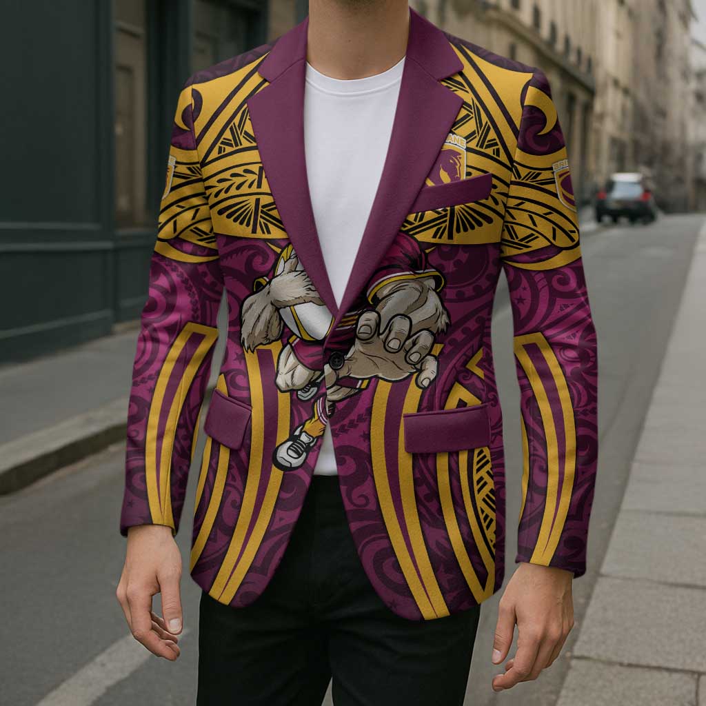 Brisbane Broncos Rugby Blazer Polynesian Tribal Pattern Warrior Horse Maroon Gold Pattern