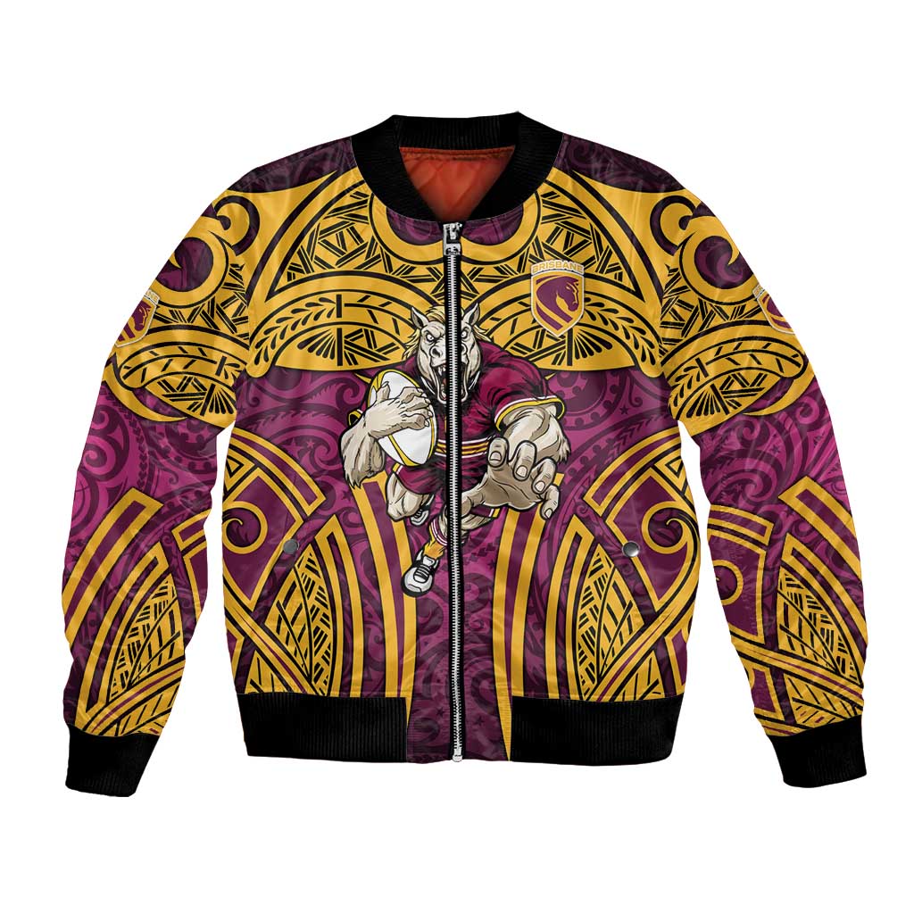 Brisbane Broncos Rugby Bomber Jacket Polynesian Tribal Pattern Warrior Horse Maroon Gold Pattern