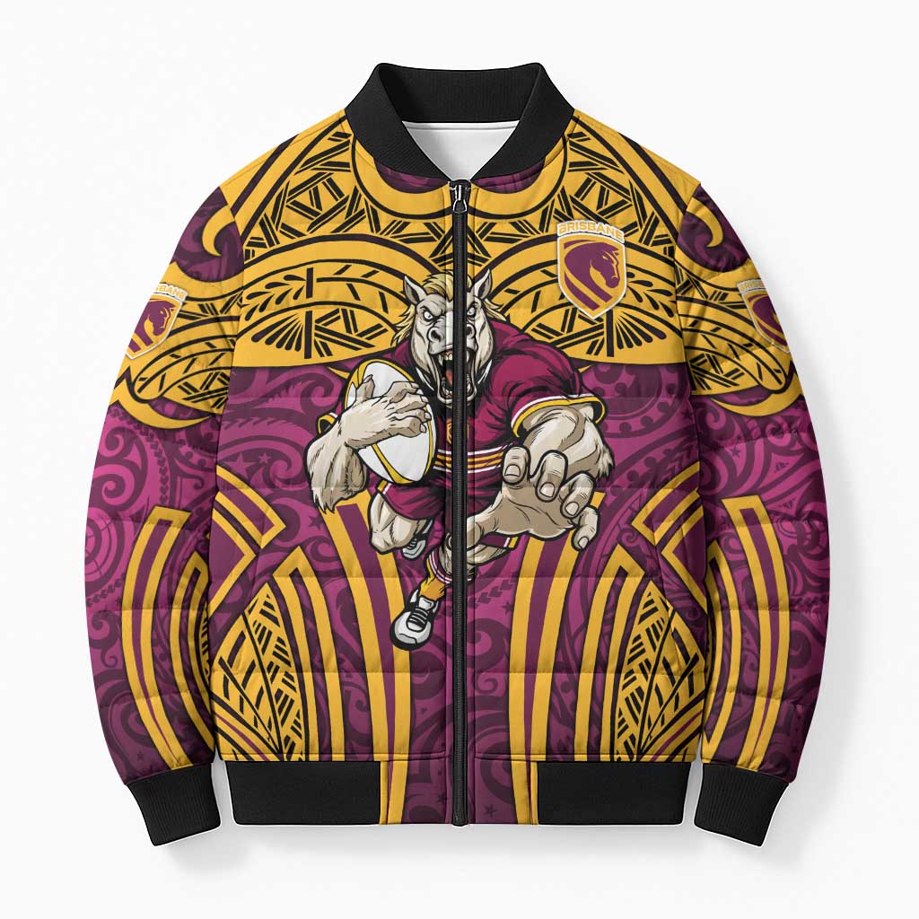 Brisbane Broncos Rugby Bomber Puffer Jacket Polynesian Tribal Pattern Warrior Horse Maroon Gold Pattern